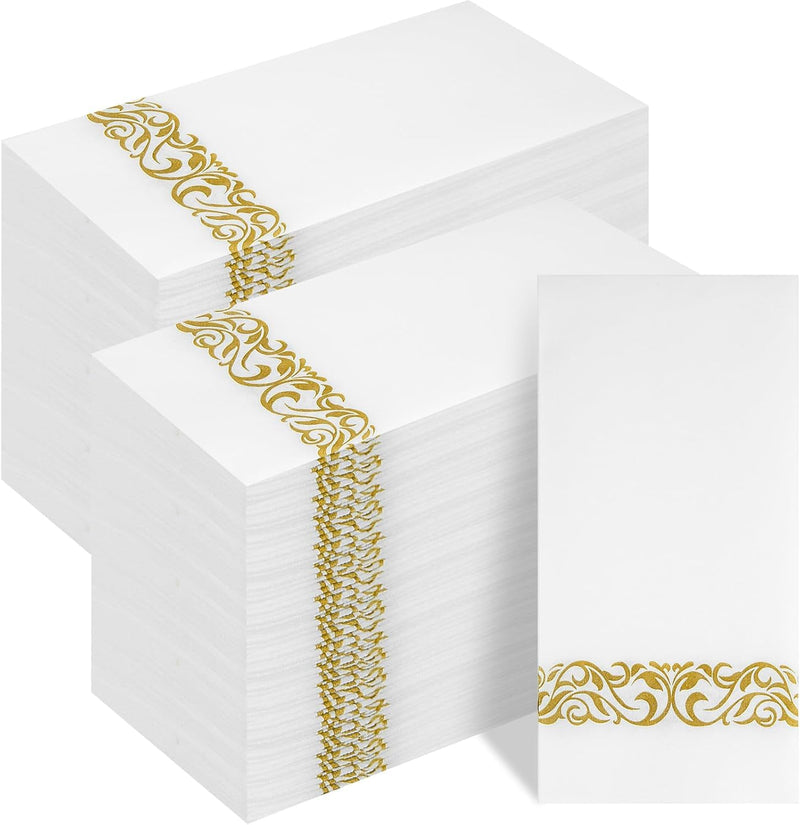 I00000 200 Pack Gold Napkins Disposable Hand Towels, Soft and Absorbent Christmas Bathroom Napkins Disposable, White and Gold for Christmas Party