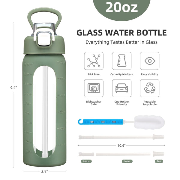 Chunmo 20 Oz Glass Water Bottle with Straw Reusable Water Bottle with Non-Slip Silicone Sleeve Wide Mouth Leak-Proof for Coffee, Tea and
