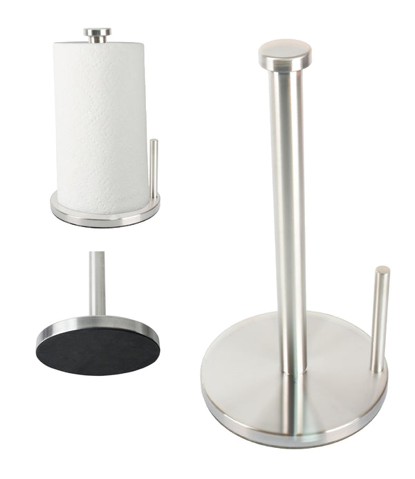 Paper Towel Holder with Side Rod, Stainless Steel, Easy Tear Dispenser for Home Kitchen Countertop Tabletop (Silver)