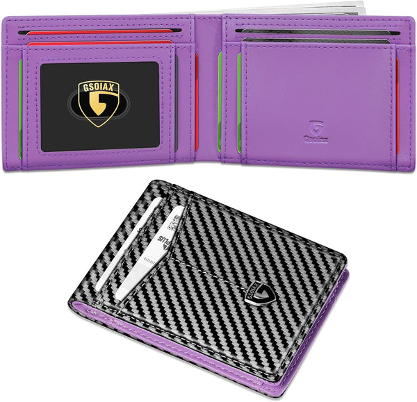 GSOIAX Slim Wallet for Men Leather Carbon Fiber RFID Blocking Minimalist Front Pocket Bifold Mens Wallet with ID Window,12 Credit Card Holders with Gift Box (Carbon Purple)
