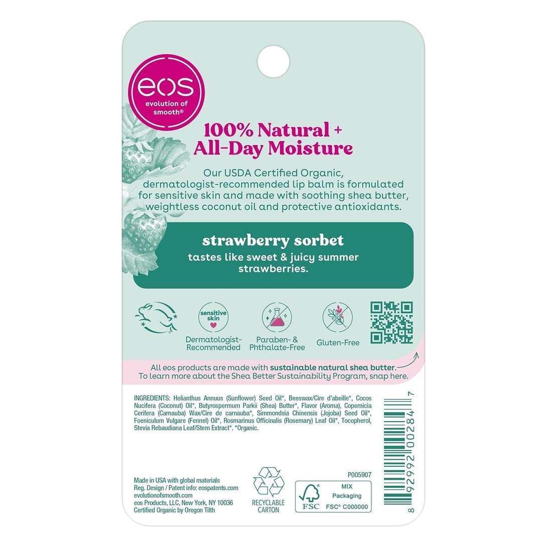 Eos 100% Natural & Organic Lip Balm- Strawberry Sorbet, All-Day Moisture, Dermatologist Recommended for Sensitive Skin, Lip Care Products, 0.25 Oz