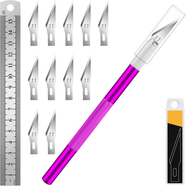 DIYSELF 1 Pcs Craft Hobby Knife Exacto Knife with 11 Pcs Stainless Steel Blade Kit, 1Pcs Steel 15CM Ruler for Art, Scrap