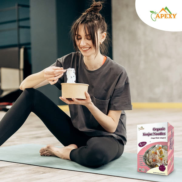 Apexy Organic Shirataki Konjac Noodle 8 Pouches Total 42.24Oz. Low Calorie, Low-Carb Gluten Free, Vegan, Keto and Paleo-Friendly. (Angel Hair Shapes)