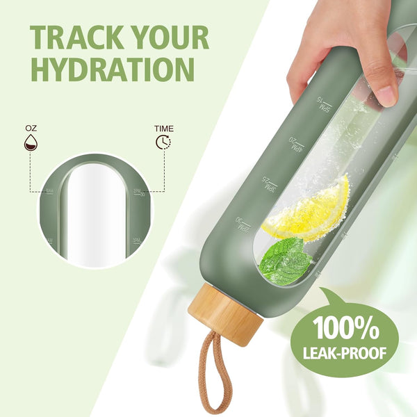 Glass Water Bottles 32 Oz - Motivational Drinking Glass Water Bottle with Silicone Sleeve, Straw & 2 Bamboo Lids - 1 Liter Clear Borosilicate