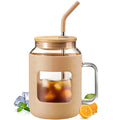 32 Oz Glass Tumbler with Lid and Straw,Glass Water Bottles with Handle,Glass Cup with Time Marker and Silicone Sleeve, Fits in Cup Holder BPA