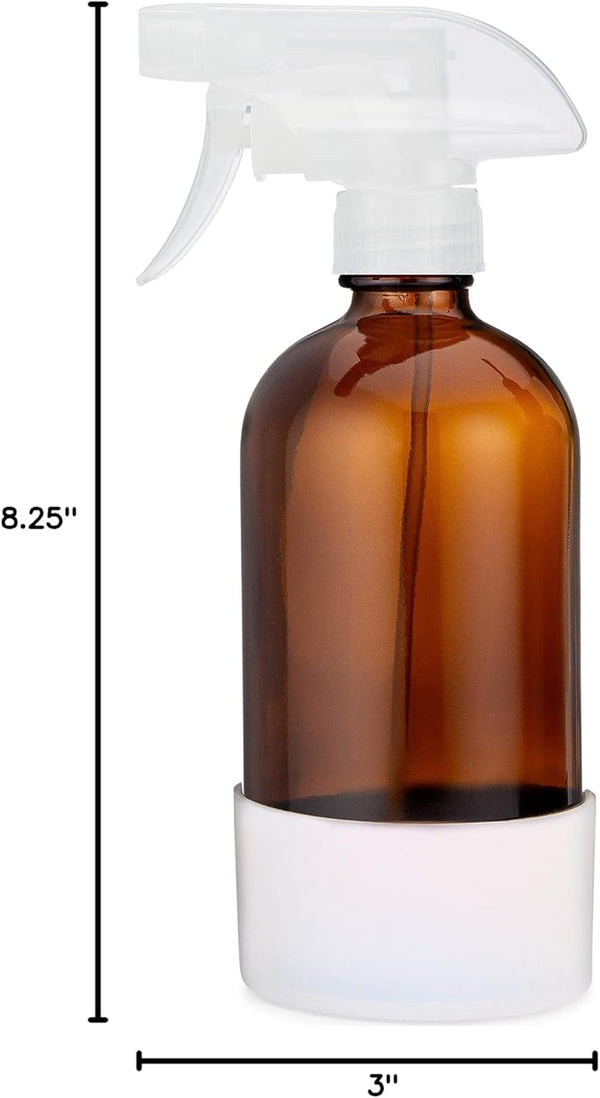 Rail19 Refillable Amber Glass Cleaning Spray Bottle with Silicone Sleeve, 16Oz (Clear Trigger/White Sleeve)
