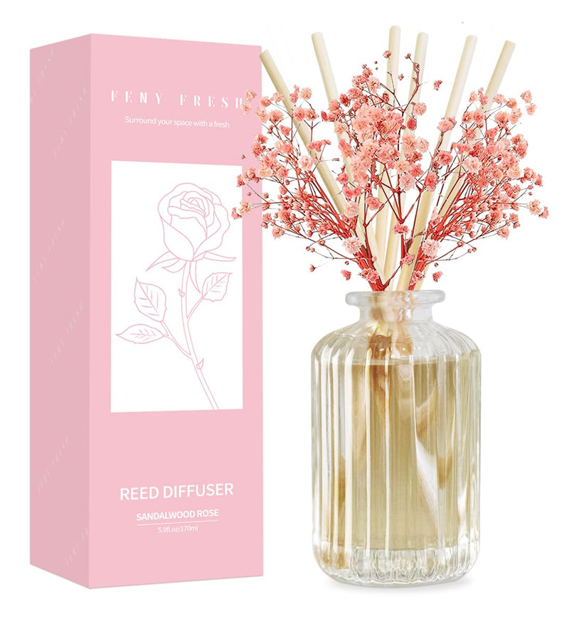 Reed Diffuser Set with Preserved Real Flower&Reed Diffuser Sticks,5.9Oz,Sandalwood Rose Scent Fragrance Essential Oil Scented Diffuser for Bedroom