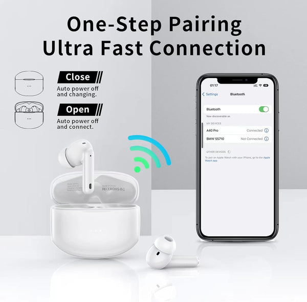 A40 Pro Wireless Earbuds, 50Hrs Playtime Bluetooth Earbuds Built in Noise Cancellation Mic with Charging Case, Bluetooth Headphones with Stereo