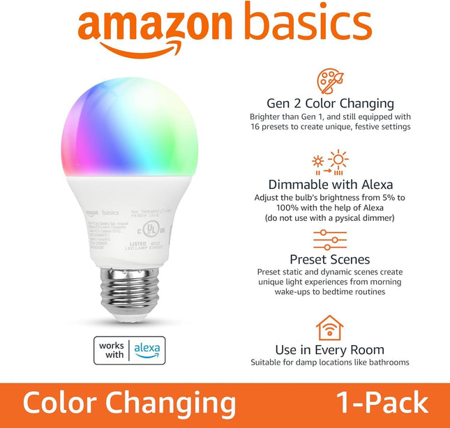 Amazon Basics Smart A19 LED Light Bulb, Color Changing, 9W (60W Equivalent), 800LM, Works with Alexa Only, 2.4 Ghz Wi-Fi