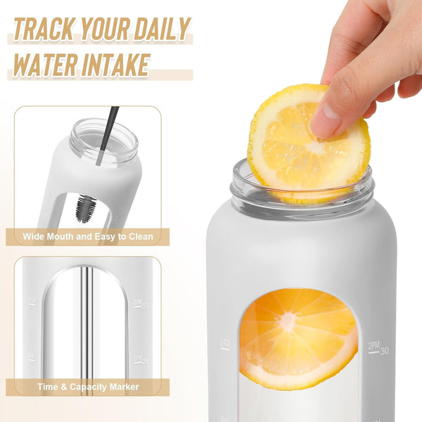 32 Oz Glass Water Bottles - 1 Liter Motivational Tumbler Water Bottle Time Marker - Borosilicate Glass Water Bottle with Silicone Sleeve and 2
