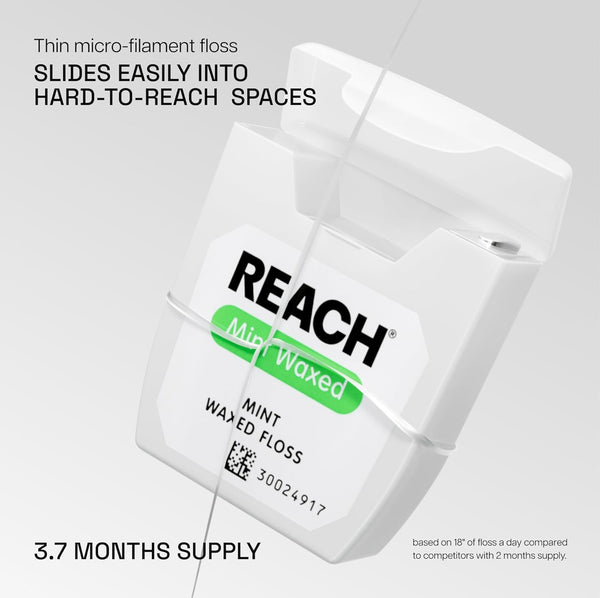 REACH Waxed Dental Floss, Mint, Plaque Remover for Teeth, Shred Resistant, Floss Slides Smoothly, Easy to Use, Waxed, Deep Cleaning Teeth, Oral