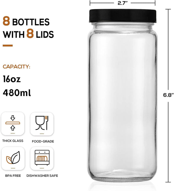 [ 8 Pack ] Glass Juicing Bottles with 2 Straws & 2 Lids W Hole- 16 OZ Travel Drinking Jars, Water Cups with Black Airtight Lids, Reusable Tall