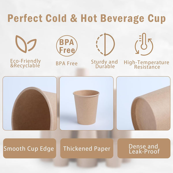 Lamosi 100 Count 12 Oz Kraft Paper Cups, Disposable Hot/Cold Paper Coffee Cups, 12 Ounce Beverages Cups, Water Cups for Party Picnic Travel and Events