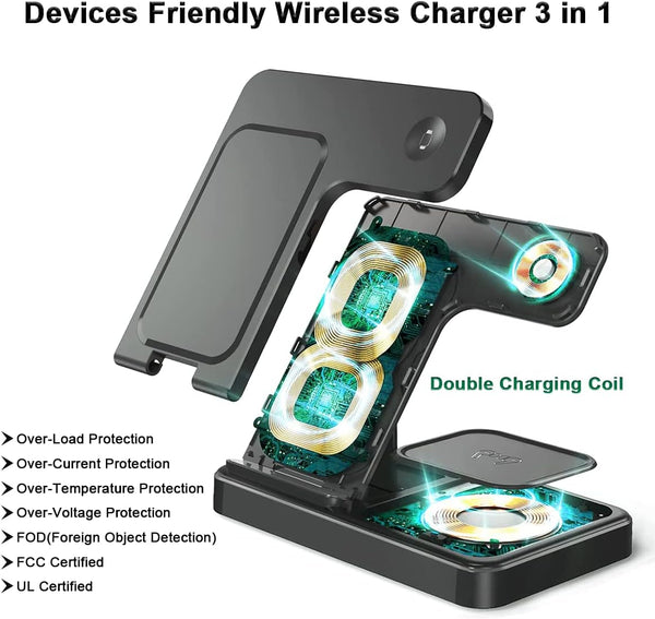 Iphone Wireless Charger Fast Charging 3 in 1, Wireless Charging Station for Iphone/Iwatch/Airpods, Portable Cell Phone Charging Stand for Multiple
