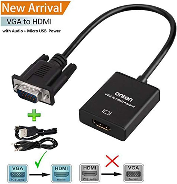ONTEN VGA to HDMI, 1080P VGA to HDMI Adapter (Male to Female) for Computer, Desktop, Laptop, PC, Monitor, Projector, HDTV with Audio Cable and USB