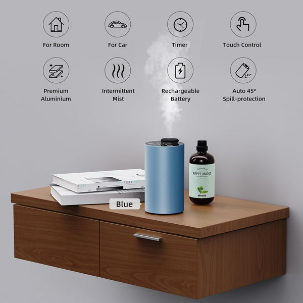 Waterless Diffuser for Essential Oil, Battery Operated Portable Nebulizer, Automatic Scent Aromatherapy Machine, 3 Timer Modes & 3 Mist Levels for