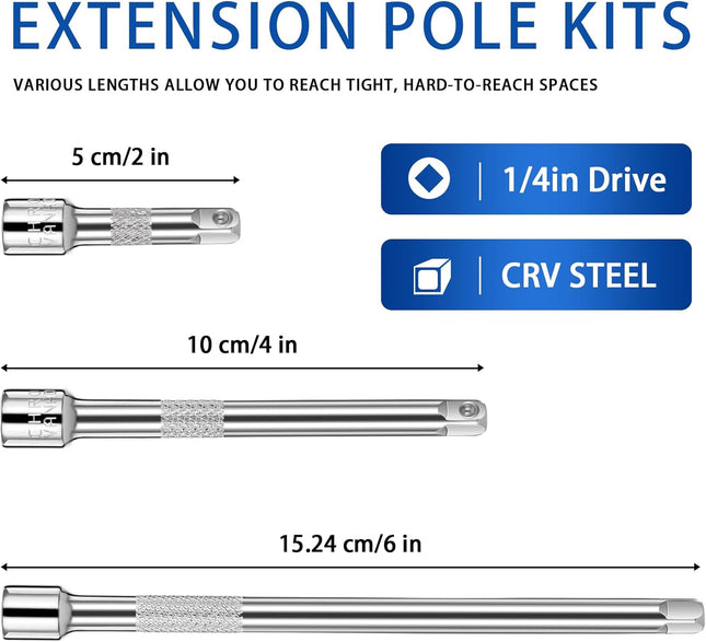 Molain 3Pcs 1/4Inch Socket Extension Set, Drive Extension Bar Set Includes 2''/50Mm, 4''/100Mm, and 6''/150Mm Inch Exten