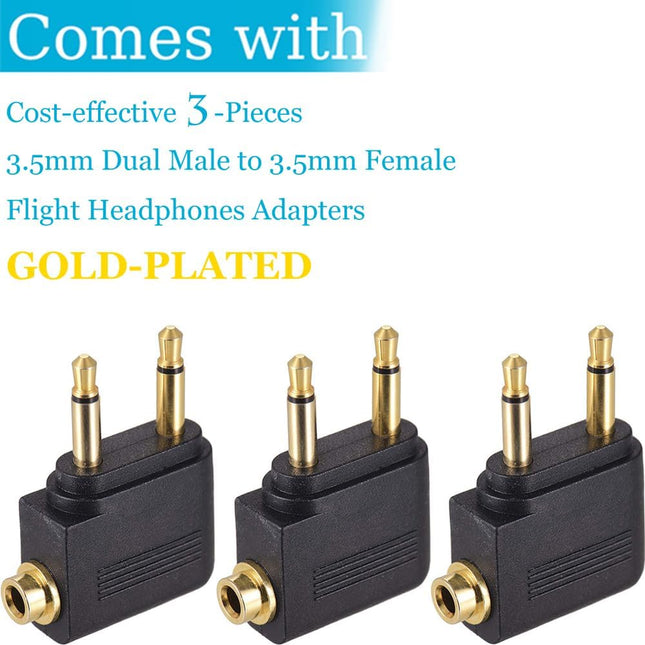 3 Pack Airplane Airline Headphones Adapter Gold Plated for Headsets,3.5Mm Dual Male to 3.5Mm Female Jack Connectors Conv