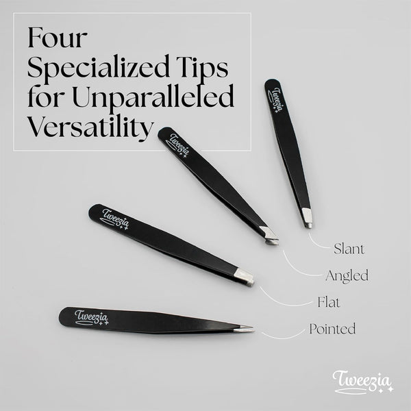 TWEEZIA Stainless Steel Tweezer Set - 4 Precision Tweezers with Mirror & Leather Case - Ideal Eyebrow Kit, Ingrown Hair Tweezers, Splinter Removal