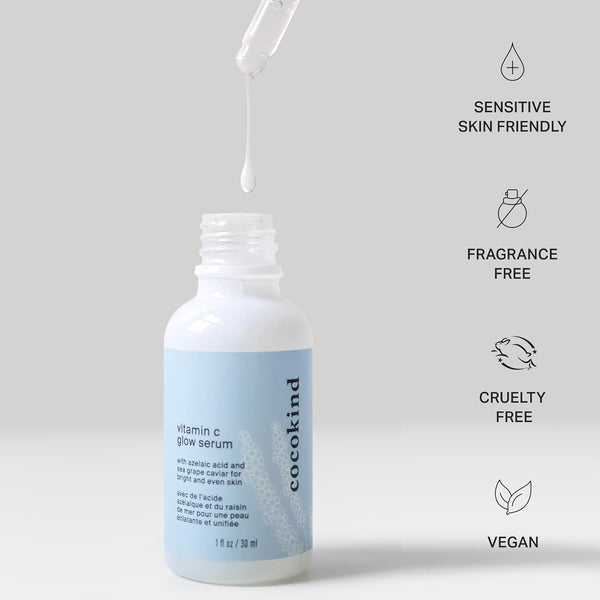 Cocokind Vitamin C Glow Serum with Azelaic Acid and Sea Grape Caviar for Bright and Even Skin, 1 Fl Oz