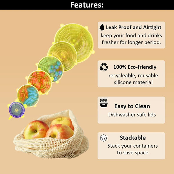 Reusable Beeswax Food Wrap- Silicone Stretch Lids - Reusable Produce Bags, Eco Friendly Food Storage, Dishwasher & Freezer Safe, Reusable Grocery