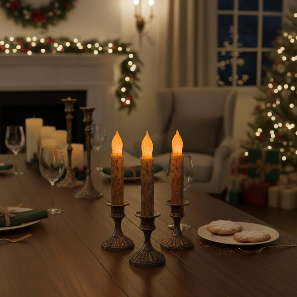 Taper Primitive Candles with Timer 6Pcs Real Wax Hand Dipped Battery Operated Flameless Candles for Christmas Halloween Home Decor Church