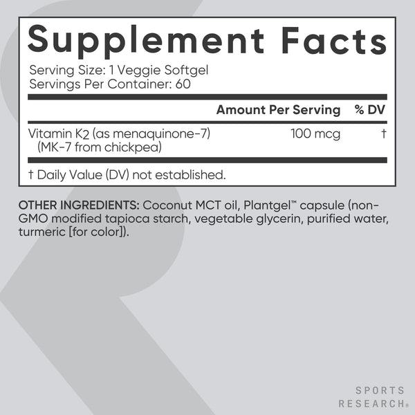 Sports Research Vitamin K2 as MK7 with Organic Coconut MCT Oil | Non-Gmo Verified, Vegan Certified (60 Veggie-Softgels)