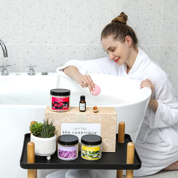 Spa Luxetique Bath Salts, 8Pcs Bath Salts Gift Set with Argan Oil, Bath Bombs, Wooden Scoop, Epsom Salt for Soaking in Lavender, Rose, Chamomile