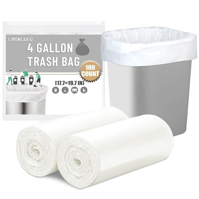 Limonlaviu Small Garbage Bags - 4 Gallon, 100 Count Unscented White Mini Trash Bags for Bathroom Can