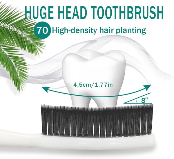 Large Long Head Toothbrush, 4-Pack, Upgraded Hard & Firm Charcoal Bristles, Whitening Teeth, Removing Plaque, Brace, Cigarette, Coffee and Other