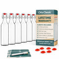 Otis Classic Swing Top Glass Bottles - Set of 6, 16oz w/Marker & Labels - Clear Bottle with Caps for Juice, Water, Kombucha, Wine, Beer Brewing,