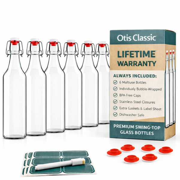 Otis Classic Swing Top Glass Bottles - Set of 6, 16oz w/Marker & Labels - Clear Bottle with Caps for Juice, Water, Kombucha, Wine, Beer Brewing,
