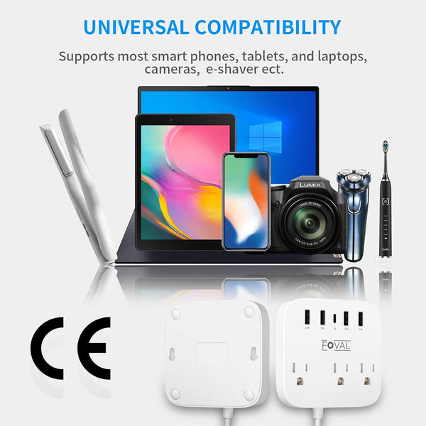 European Travel Plug Adapter, FOVAL EU UK US Power Strip with USB C and 4 USB Ports, 3 AC Outlets, Wall Mountable, 5Ft Extension Cord, Compact for