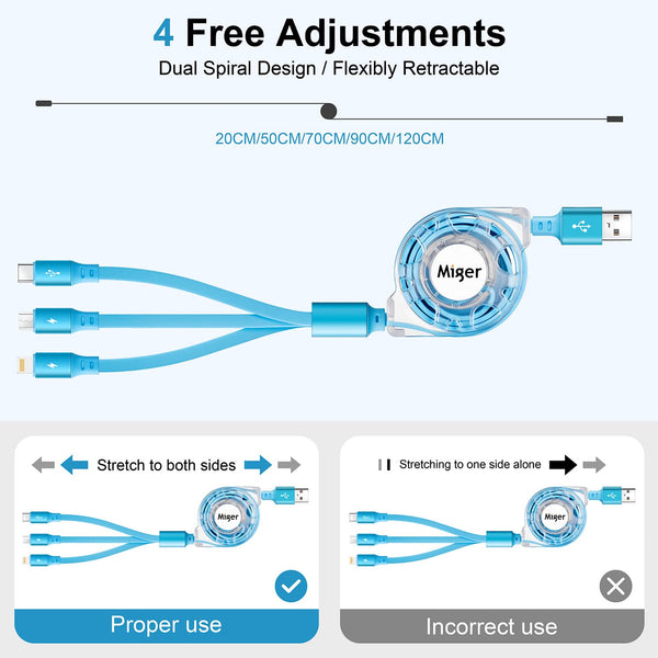 USB C Multi Fast Charging Cable 4A [2Pack/4Ft] Retractable Multi Charger USB a to Type C/Lightning/Micro USB Ports 3 in 1 USB Cable for Samsung
