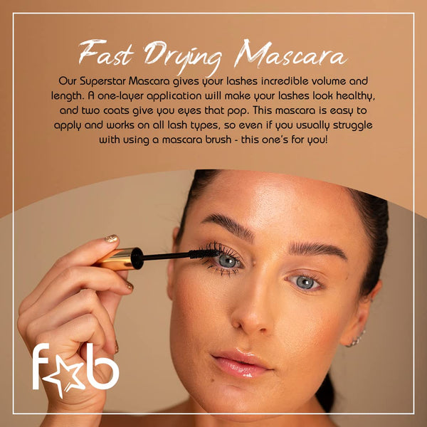 Fab Superstar Mascara: Waterproof Volumizing High Lash Lift Beauty Mascara: Black Liquid Mascarra for Bold Volume and Length - Infused with
