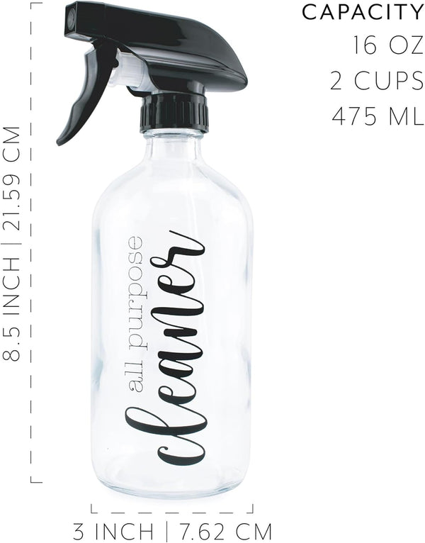 Cornucopia Brands Cleaning Spray Bottles Set, Glass (Set of 4, 16-Ounce); Refillable Trigger Sprayers W/Mist/Stream Settings and Farmhouse Script