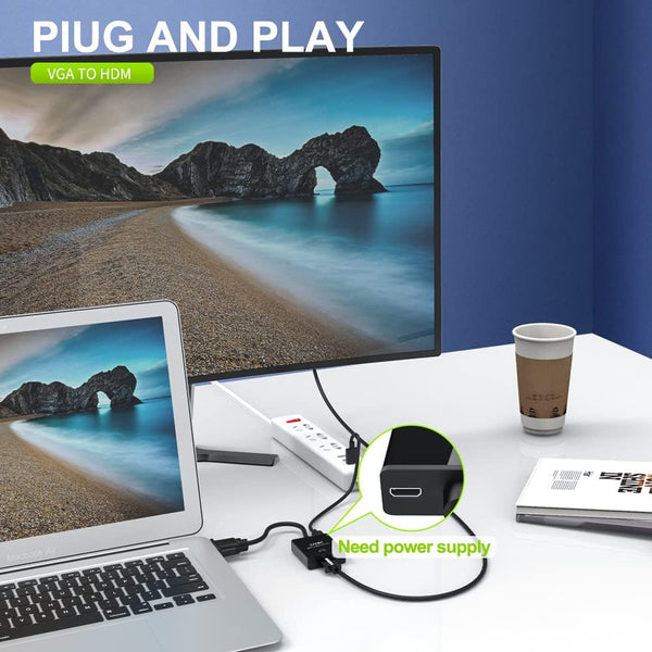 ONTEN VGA to HDMI, 1080P VGA to HDMI Adapter (Male to Female) for Computer, Desktop, Laptop, PC, Monitor, Projector, HDTV with Audio Cable and USB
