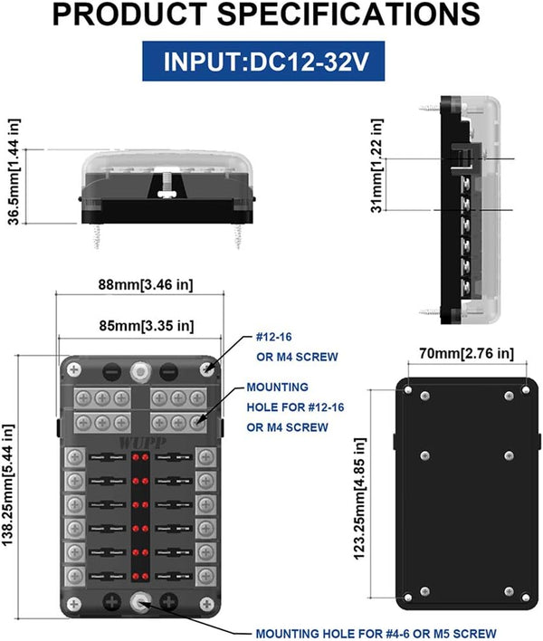 WUPP Boat Marine Fuse Block Panel with LED Warning Indicator Damp-Proof Cover - 12 Circuits with Negative Bus Fuse Box Holder Screw for Car Marine