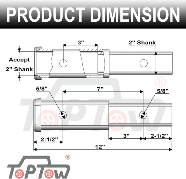 TOPTOW Hitch Extender, Fits for 2 Inch Receiver, 7 Inch Extension Length, with 5/8 Inch Hitch Pin
