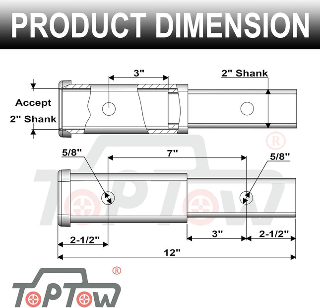 TOPTOW Hitch Extender, Fits for 2 Inch Receiver, 7 Inch Extension Length, with 5/8 Inch Hitch Pin