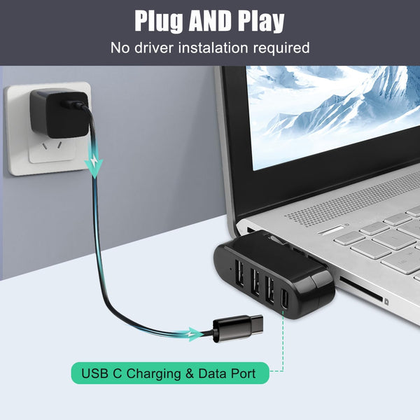 VIENON 4-Port USB 3.0 Hub [90Â°/180Â° Degree Rotatable], USB Splitter with 3 USB-A Ports & 1 USB C Power/Data Port, USB Extender for Laptop, Car,