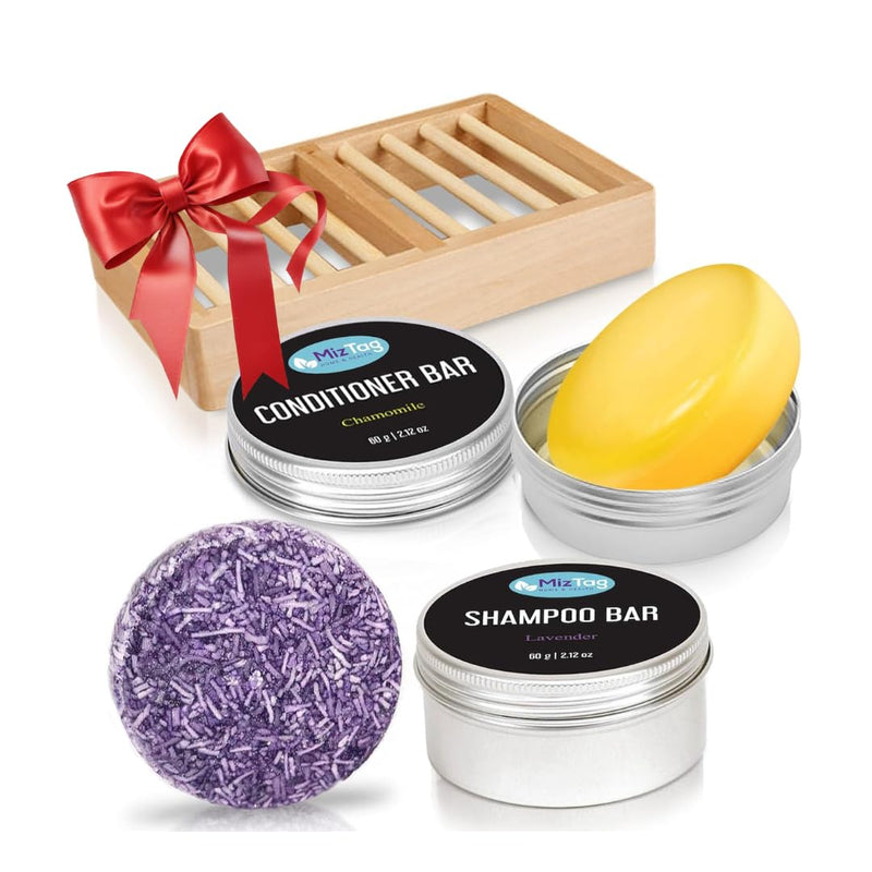 Miztag Home & Health Shampoo and Conditioner Bar Set - 5Pcs with Holder & Travel Tins - Vegan, Sulfate-Free, Paraben-Free - Great Mothers Day Gift