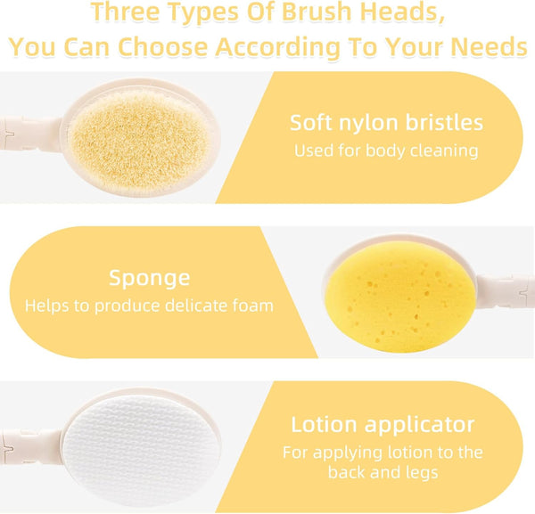 LFJ 19" Long Handle Shower Sponge Brush Set, 3 in 1 Body Brush, Bath Sponge and Lotion Applicator Improved Skin Health, Suitable for Men and Women