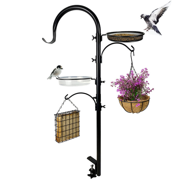 Upgraded Bird Feeding Station Kit,Deck Railing Mounted Birds Feeder Pole for Balcony with 3 Hooks,Bird Bath,Metal Mesh Tray and Suet
