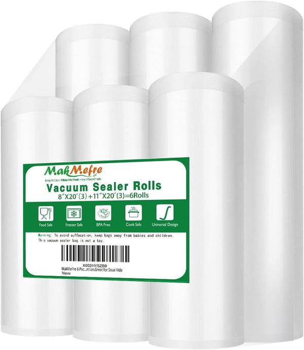 6 Pack 8"X20'(3Rolls) and 11"X20' (3Rolls) Vacuum Sealer Bags Rolls for Food,Commercial Grade, BPA Free,Puncture Prevention,Great for Sous Vide