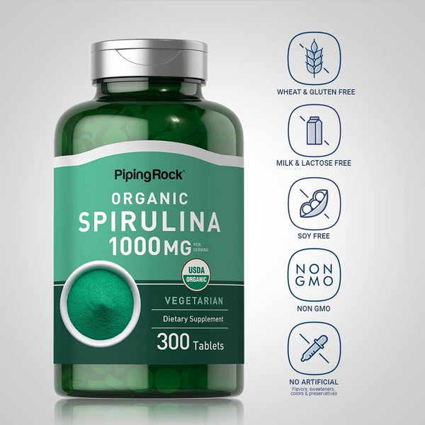 Piping Rock Organic Spirulina | 1000Mg | 300 Tablets | Arthrospira Platensis | Vegetarian, Non-Gmo, Gluten Free Supplement