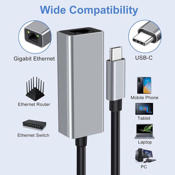 Adesso AUH-5000 USB-C to Ethernet Network Adapter - Gigabit Speed, Aluminum Alloy Case, LED Indicator, Plug & Play, Compatible with Windows, Mac