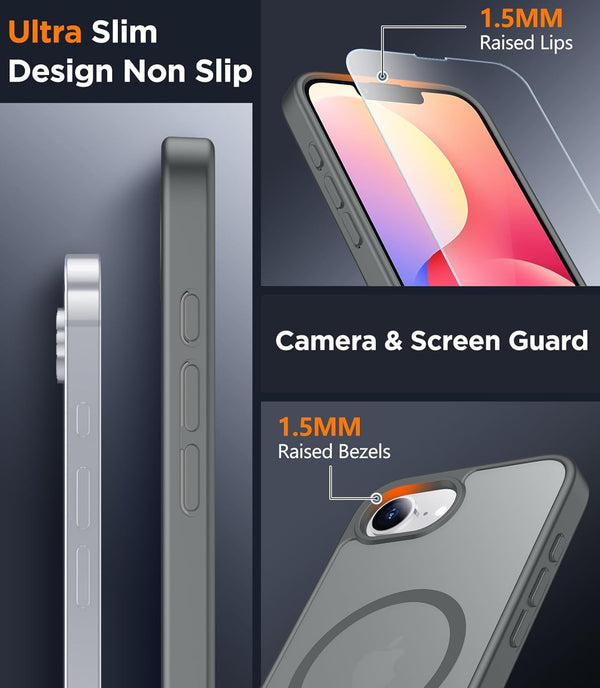 SPIDERCASE Designed for Iphone 16E Case, Magnetic Translucent with 2PCS Tempered Glass Screen Protector Anti-Fingerprint Anti-Scratch, Gray