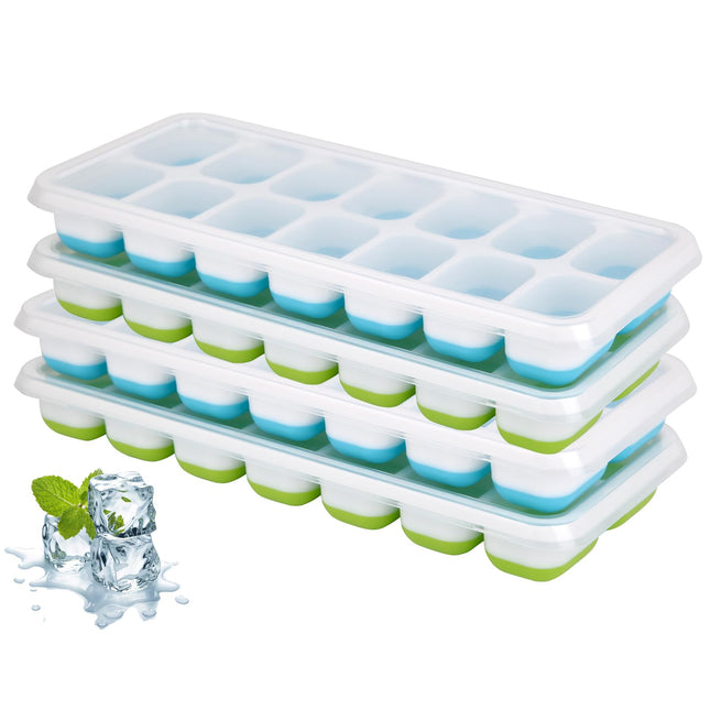 Ice Cube Tray, 4 Pack Silicone Ice Tray, 14 Ice Cube Molds with Lids, Stackable Ice Cube Molds for Chilling Drinks, Whis