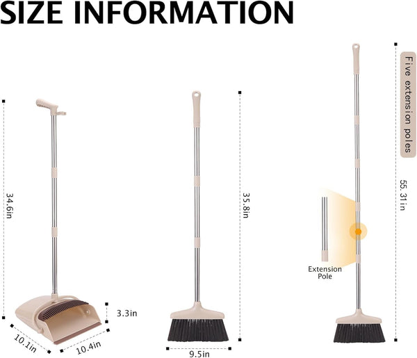 Broom and Dustpan Set with Long Handle, Light Weight Stainless Steel Poles Stand Upright Dustpans with Broom Combo for Home Kitchen Office Pet Dog